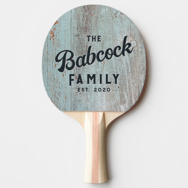 Painted Blue Wood Retro Family Name & Year Pingisracket (Framsidan)