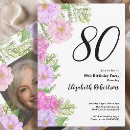 Painted Flower Custom Photo Template 80th Birthday Inbjudningar