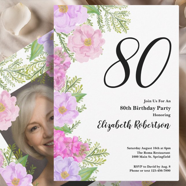 Painted Flower Custom Photo Template 80th Birthday Inbjudningar (Skapare uppladdad)