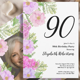 Painted Flower Custom Photo Template 90th Birthday Inbjudningar