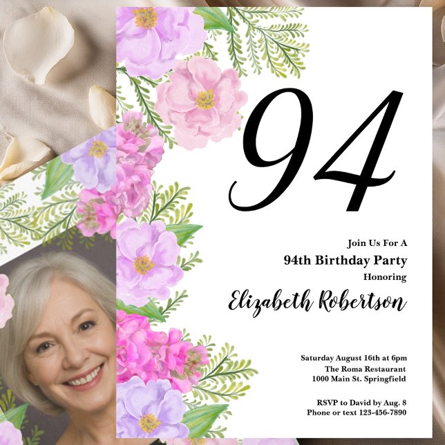 Painted Flower Custom Photo Template 94th Birthday Inbjudningar (Skapare uppladdad)