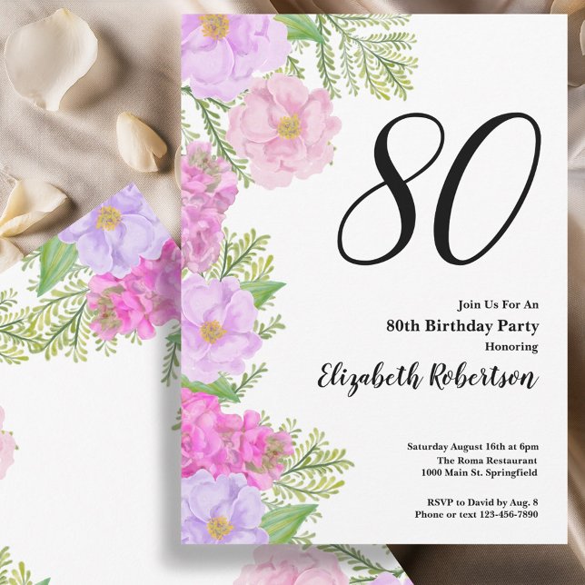 Painted Flowers and Ferns 80th Birthday Invitation Inbjudningar (Skapare uppladdad)