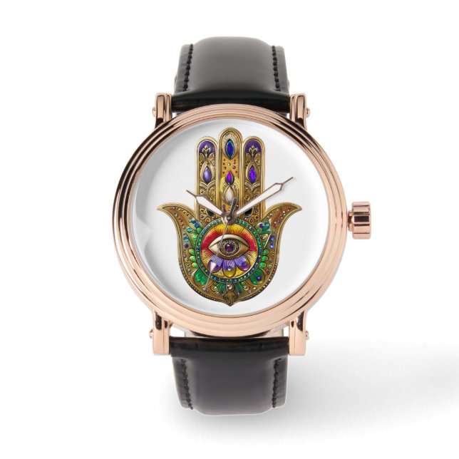 Painted Gold Hamsa Amethyst Ruby Third Eye Armbandsur (Framsida)