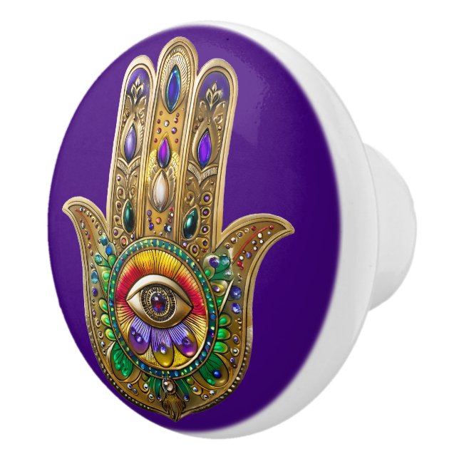 Painted Gold Hamsa Amethyst Ruby Third Eye Knopp (Höger)