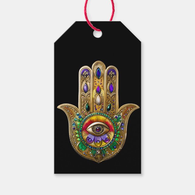 Painted Gold Hamsa Amethyst Ruby Third Eye Presentetikett (Framsidan)