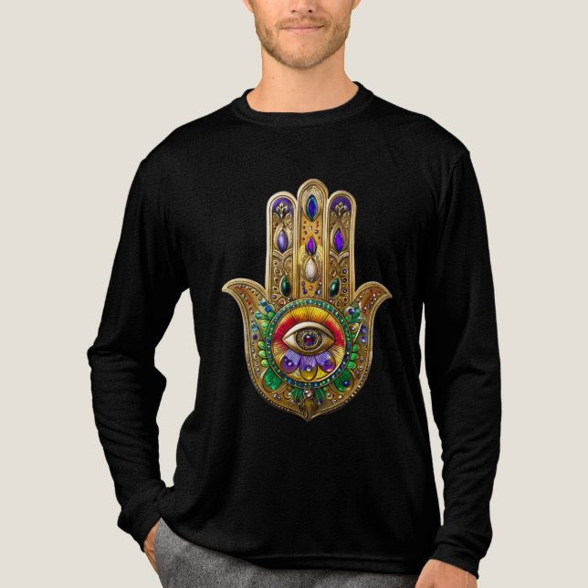 Painted Gold Hamsa Amethyst Ruby Third Eye T Shirt (Framsida)