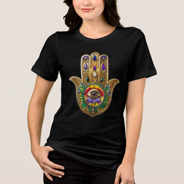 Painted Gold Hamsa Amethyst Ruby Third Eye T Shirt (Framsida)