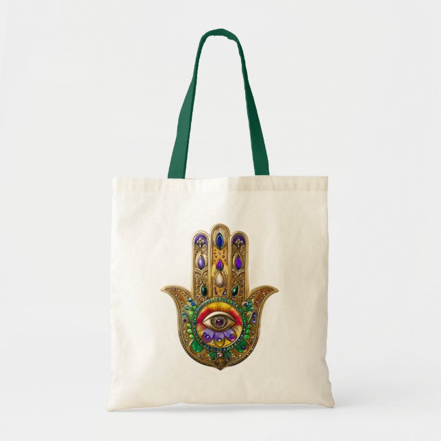 Painted Gold Hamsa Amethyst Ruby Third Eye Tygkasse (Framsidan)
