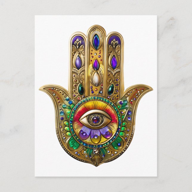 Painted Gold Hamsa Amethyst Ruby Third Eye Vykort (Framsida)