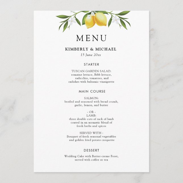 Painted lemons greenery foliage wedding menu meny (Framsida)