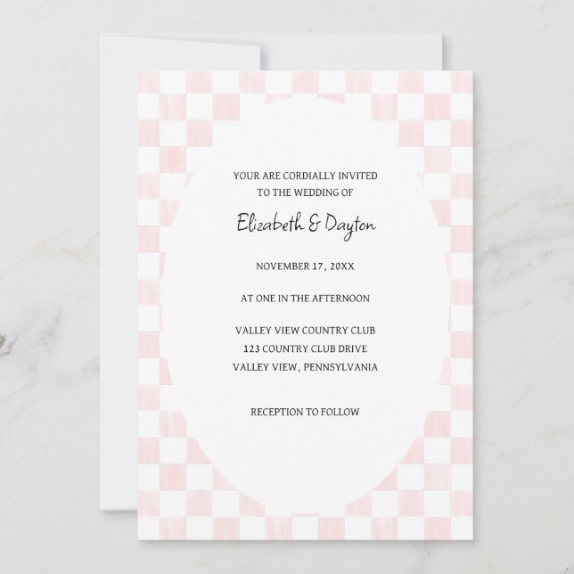 Painted Pink Checkerboard Pattern Wedding Inbjudningar (Framsida)