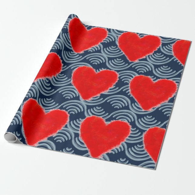 PAINTED RED HEART ON BLUE BACKGROUND GIFT WRAPPING PRESENTPAPPER (Utrullad)