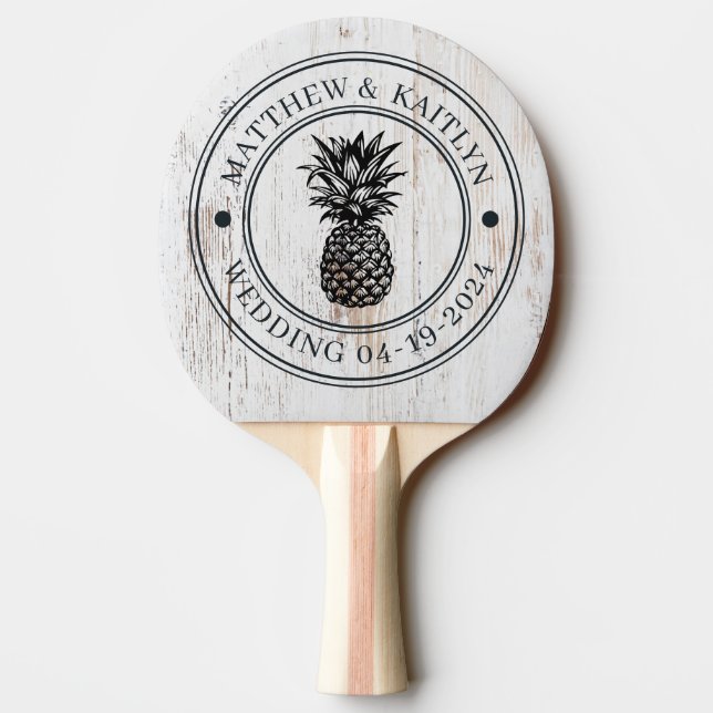 Painted White Wood Pineapple Wedding Crest & Names Pingisracket (Baksidan)