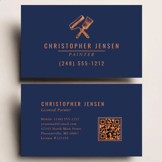 Painter QR Code Painting Business Navy Blue Copper Visitkort (Skapare uppladdad)
