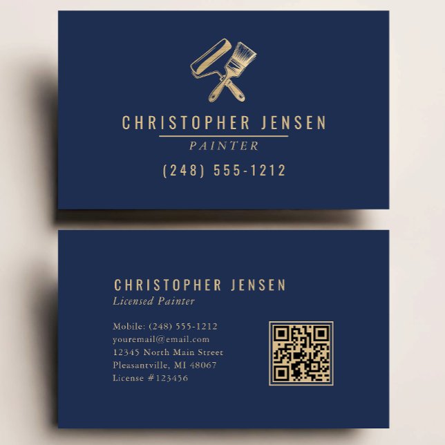 Painter QR Code Painting Business Navy Blue Gold Visitkort (Skapare uppladdad)