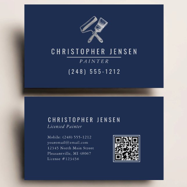 Painter QR Code Painting Business Navy Blue Silver Visitkort (Skapare uppladdad)