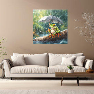 Painterly Cottagecore Frog Woodland Rainy Day Art Canvastryck