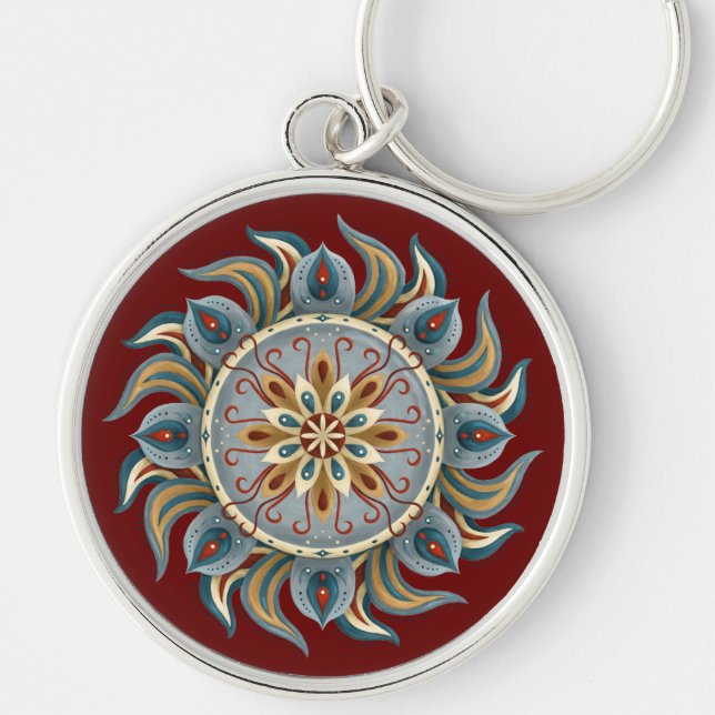 Painterly Mandala Rund Silverfärgad Nyckelring (Framsidan)