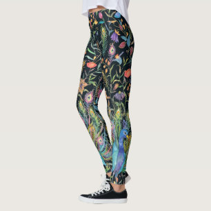 Painterly Peacock Feather, Blommigt Vines Boho Chi Leggings