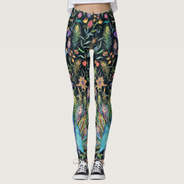Painterly Peacock Feather, Blommigt Vines Boho Chi Leggings