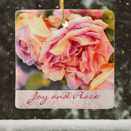 Painterly Rosa ros Joy och Peace Julgransprydnad Keramik