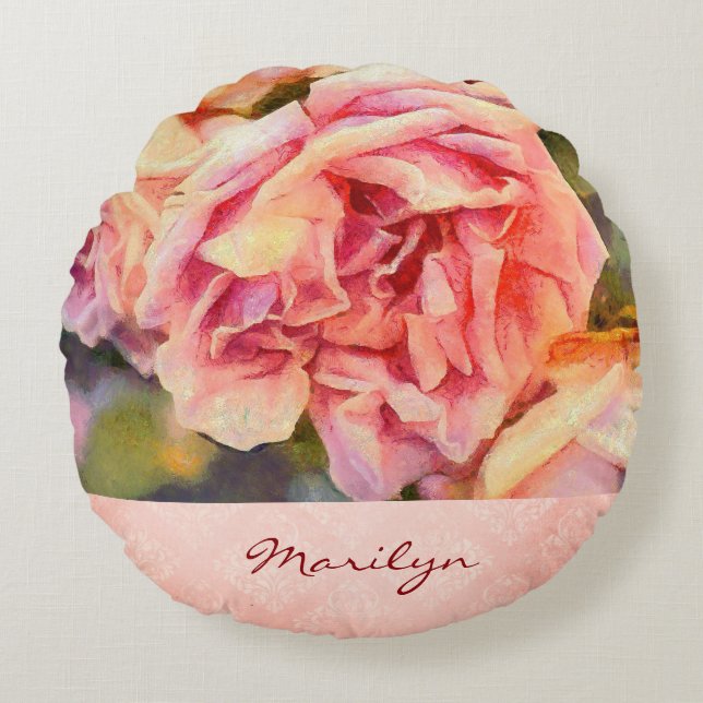 Painterly Rosa ros på Damask Monogrammed Rund Kudde (Framsidan)