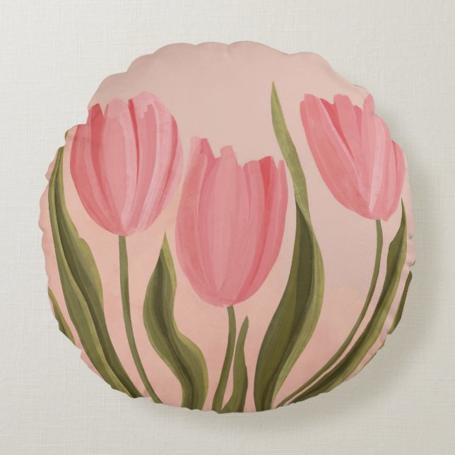 Painterly Söt Rosa Tulips Rund Kudde (Framsidan)