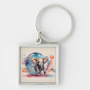 Painterly the Elephant Painting Kreativ Elephant Fyrkantig Silverfärgad Nyckelring