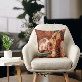 Painterly Vintage Art - Cat Kittens och Guitar Kudde