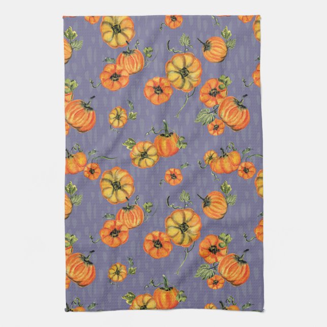 Painterly Watercolor Fall Pumpkins Orange/Lila Kökshandduk (Vertikal)