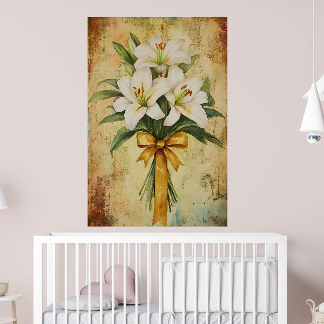 Painting of a bouquet of white lilies with a gold  poster (Barnkammare 2)