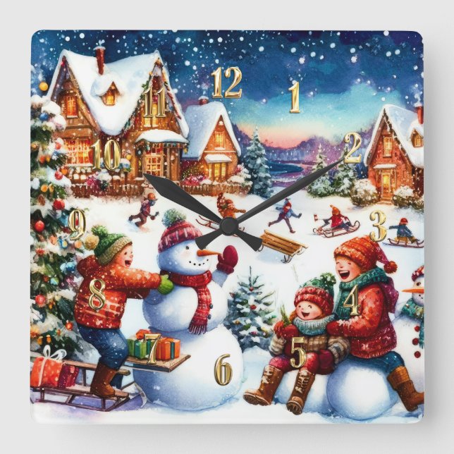 Painting of Children Winter Roligt Snögubbars Sled Fyrkantig Klocka (Framsida)