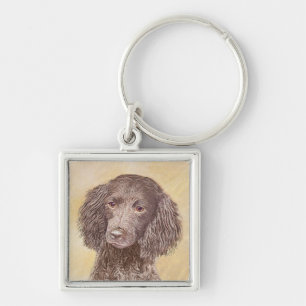 Painting - Original Hund Art i amerikanska Vatten Fyrkantig Silverfärgad Nyckelring