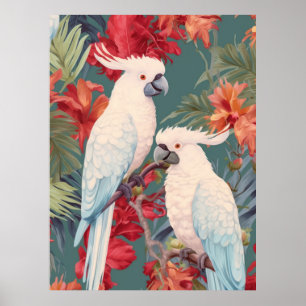 Pair Cockatoos i Blommar Träd Poster