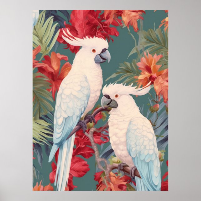 Pair Cockatoos i Blommar Träd Poster (Framsidan)