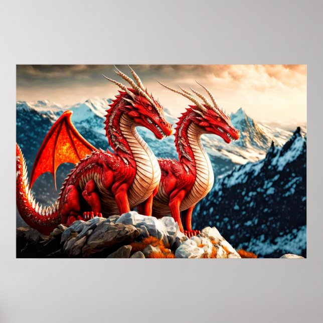 Pair med onda, perched Flies Dragons Poster (Framsidan)