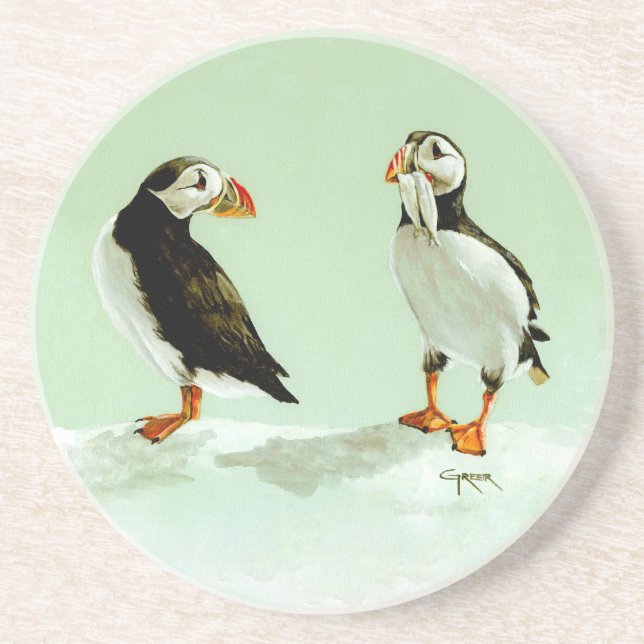 Pair of Antartic Puffin Birds Underlägg Sandsten (Framsidan)