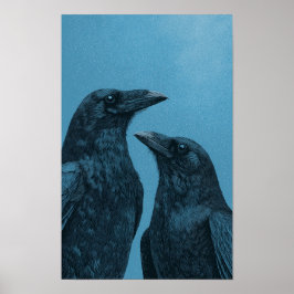 Pair of crows on a blue background poster