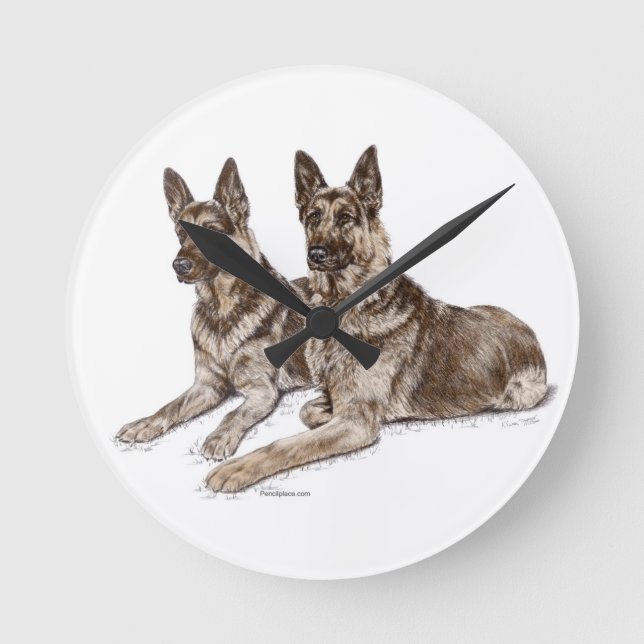 Pair of German Shepherd Hundar Rund Klocka (Framsida)