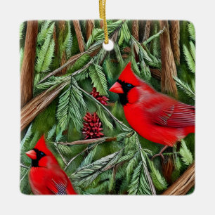 Pair of Majestic Vild Red Cardinals Julgransprydnad Keramik