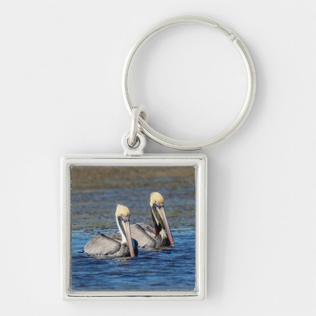Pair of Pelicans Fyrkantig Silverfärgad Nyckelring (Framsidan)