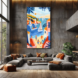 Paisaje Costero: Arte Favista con Veleros y Casas Canvastryck