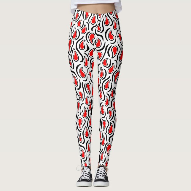 Paisley Abstrakt 230523 - Red, Black and White Leggings (Framsida)
