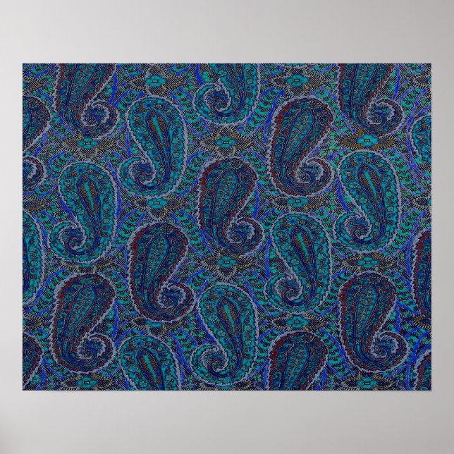 Paisley Blå Indisk Boho Konst Mönster Poster (Framsidan)