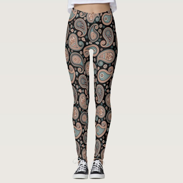 Paisley Black teal elegant yoga byxor (Framsida)