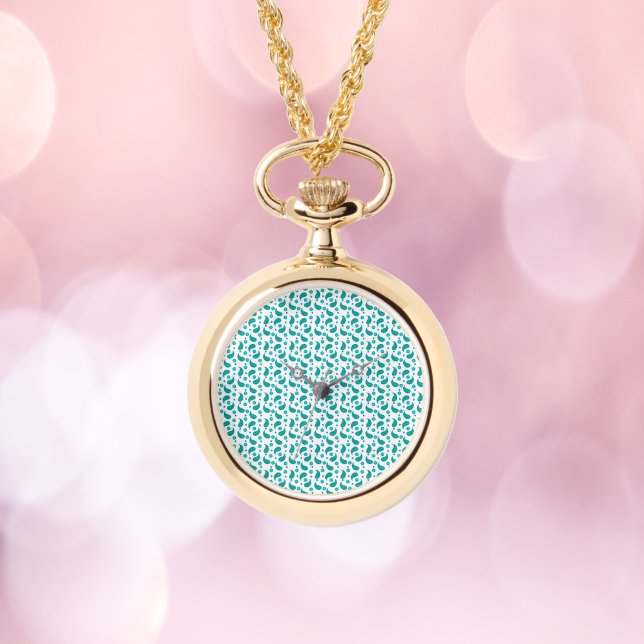 Paisley Blommig Boho Design Grön Blå Armbandsur (A watch necklace featuring a paisley boho floral pattern in teal blue and green.)