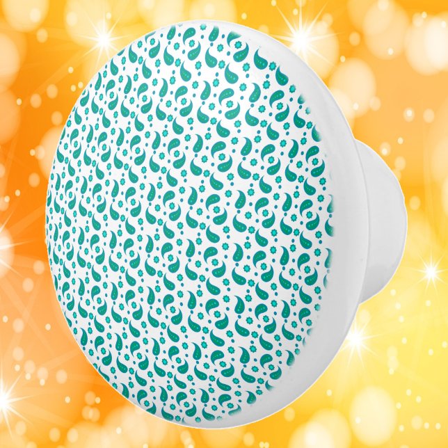 Paisley blommig boho-mönster blågrön knopp (A ceramic knob with a paisley floral boho pattern done in blue and green)
