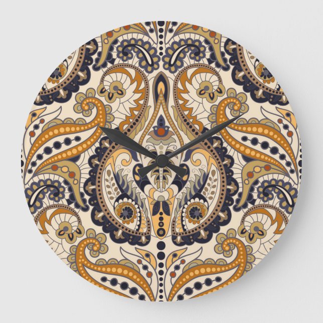 Paisley-Blommigt: Färglös, sömlös design Stor Klocka (Framsida)
