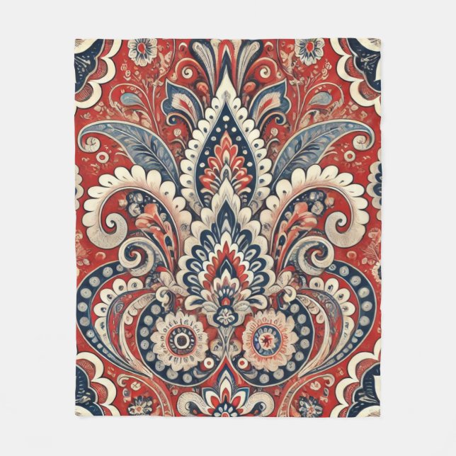 Paisley Blommigt Fusion in Red, White and Blue Fleecefilt (Framsidan)