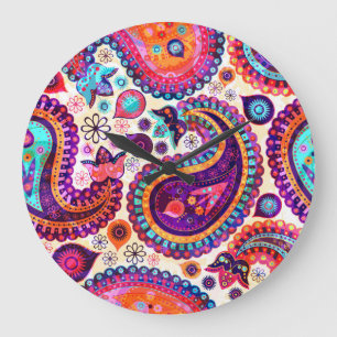 Paisley Blommigt Indian Seamless Ornament Stor Klocka